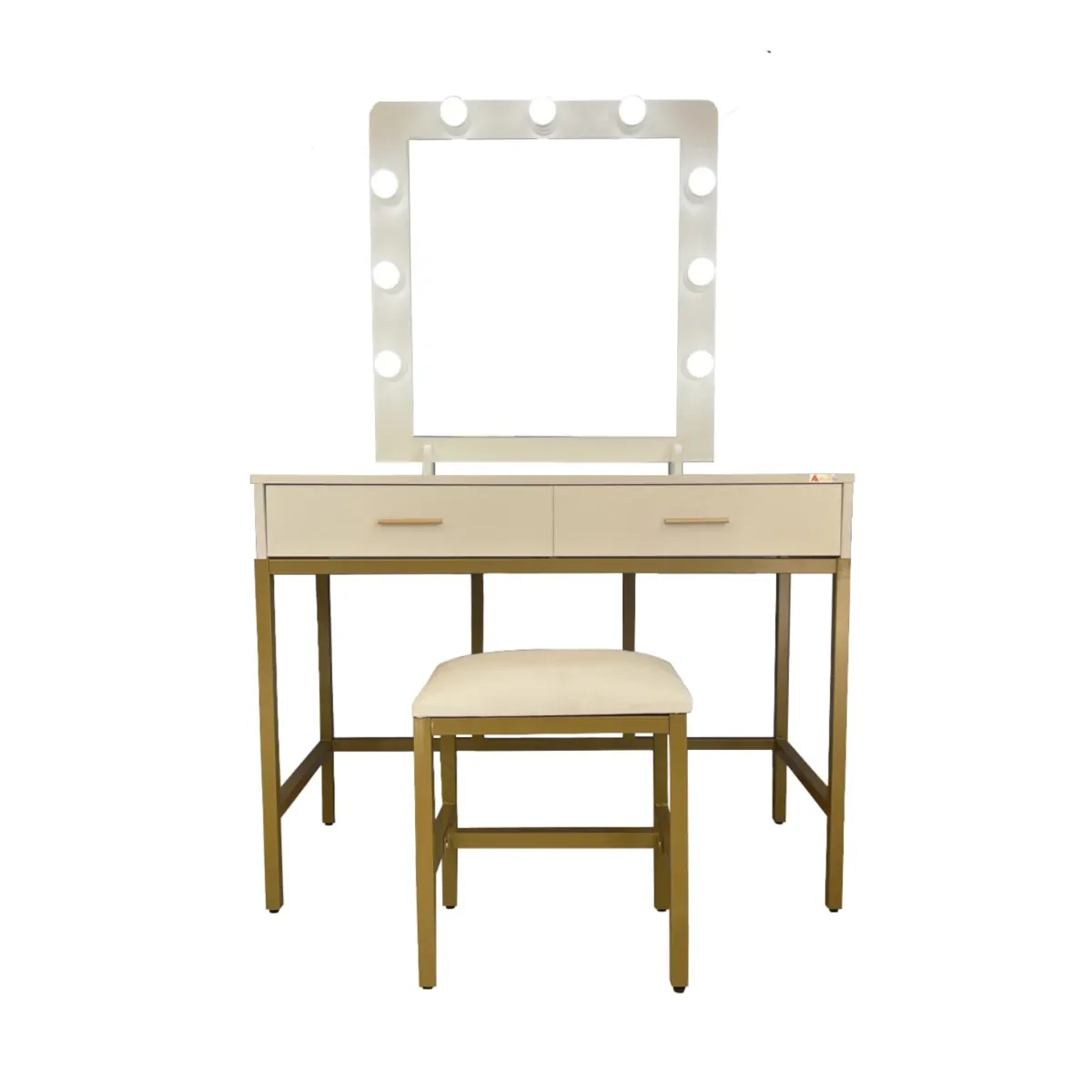 TOCADOR HOLLYWOOD BLAZE BLANCO CON ESPEJO, 9 LED, 2 CAJONES Y BANQUILLO. ESTRUCTURA DE METAL - 1