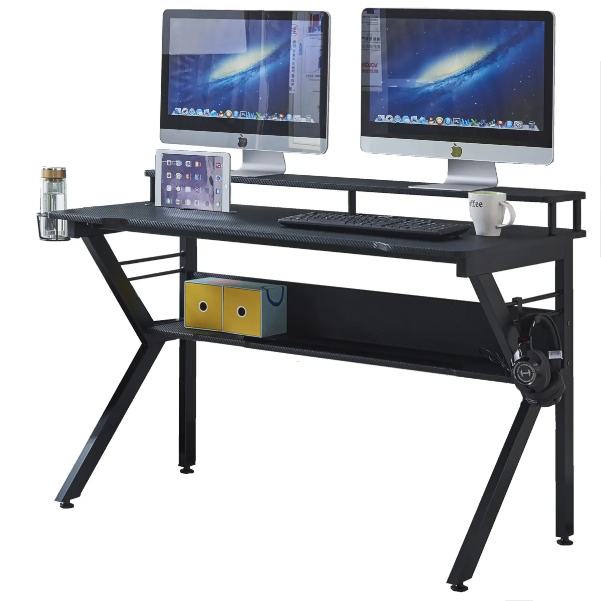 ESCRITORIO GAMER DUAL PRO NEGRO SUPERFICIE TEXTURIZADA, SOPORTE AUDIFONOS Y PORTAVASOS METAL - 3