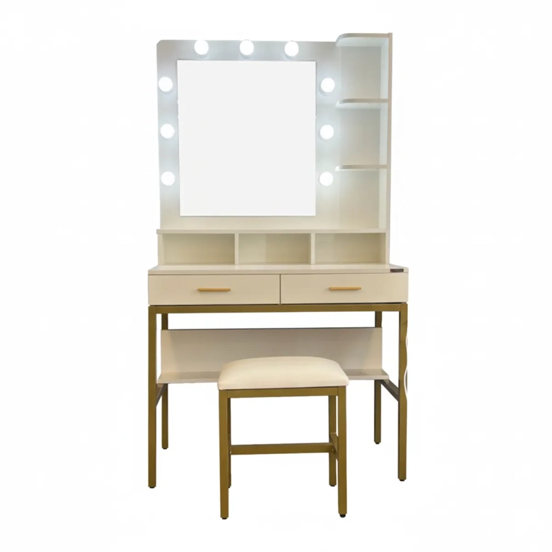 TOCADOR HOLLYWOOD GLOW BLANCO ESPEJO, 9 LED, BANQUILLO Y REPISAS ORGANIZADORAS. ESTRUCTURA DE METAL - 1