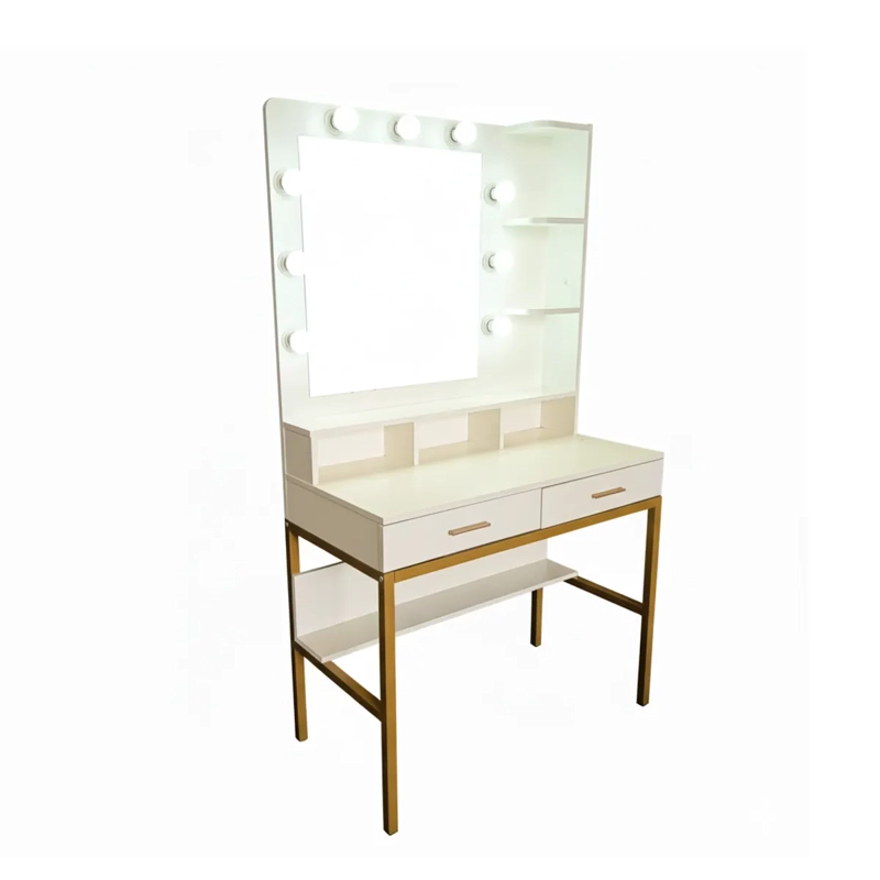 TOCADOR HOLLYWOOD GLOW BLANCO ESPEJO, 9 LED, BANQUILLO Y REPISAS ORGANIZADORAS. ESTRUCTURA DE METAL - 3