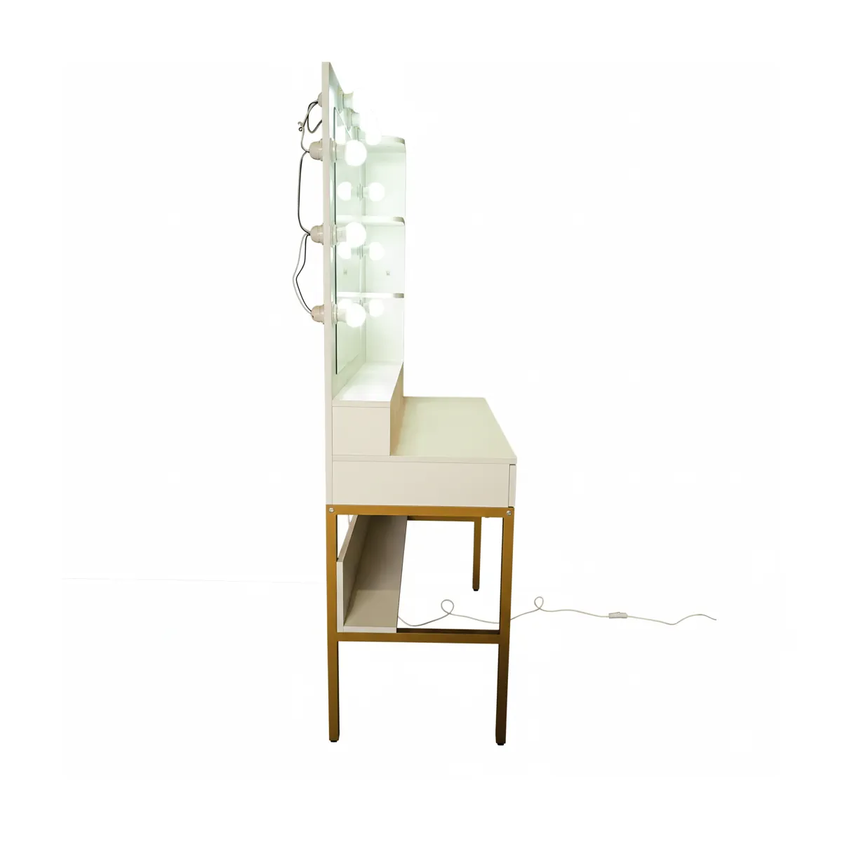 TOCADOR HOLLYWOOD GLOW BLANCO ESPEJO, 9 LED, BANQUILLO Y REPISAS ORGANIZADORAS. ESTRUCTURA DE METAL - 4