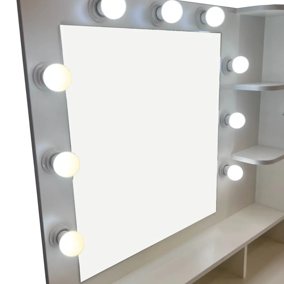 TOCADOR HOLLYWOOD GLOW BLANCO ESPEJO, 9 LED, BANQUILLO Y REPISAS ORGANIZADORAS. ESTRUCTURA DE METAL - 5