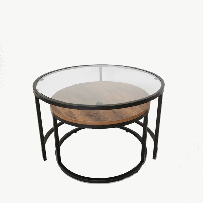 JUEGO DE MESAS ANIDABLES ALLURE VIDRIO Y MADERA RUSTICA NESTING INDUSTRIAL PARA EL LIVING - 4