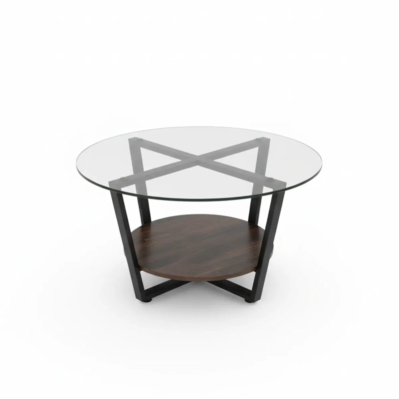 MESA DE CENTRO MUSE CIRCULAR VIDRIO Y MADERA RUSTICA DOBLE NIVEL ESTRUCTURA DE METAL - 2