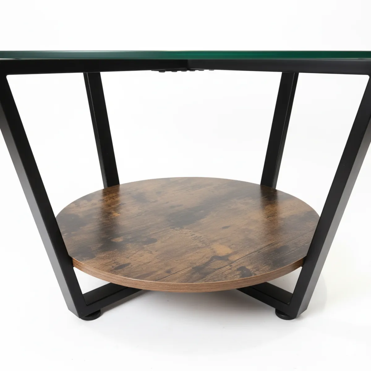 MESA DE CENTRO MUSE CIRCULAR VIDRIO Y MADERA RUSTICA DOBLE NIVEL ESTRUCTURA DE METAL - 3