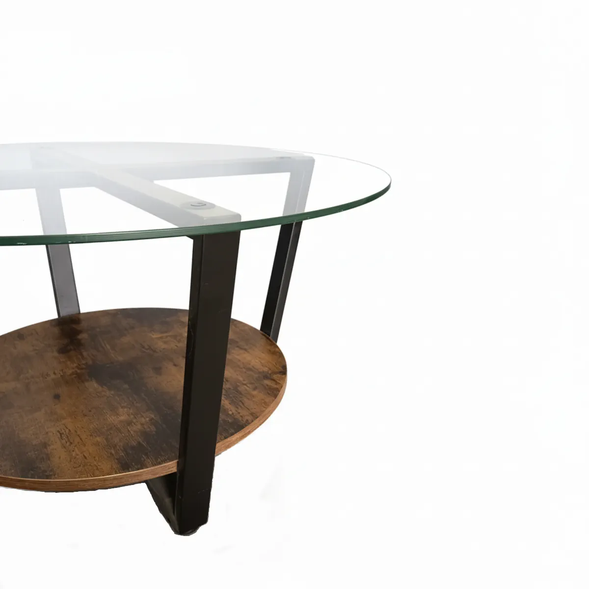 MESA DE CENTRO MUSE CIRCULAR VIDRIO Y MADERA RUSTICA DOBLE NIVEL ESTRUCTURA DE METAL - 4