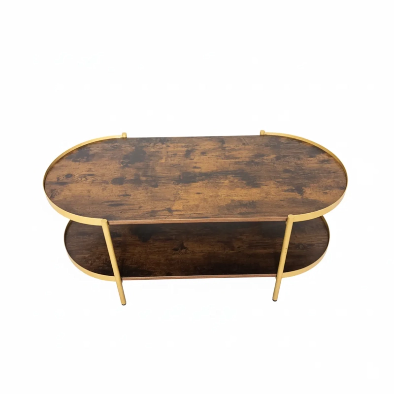 MESA DE CENTRO OPAL OVALADA DOBLE NIVEL CAFE OSCURO RUSTICO PARA EL LIVING - 2