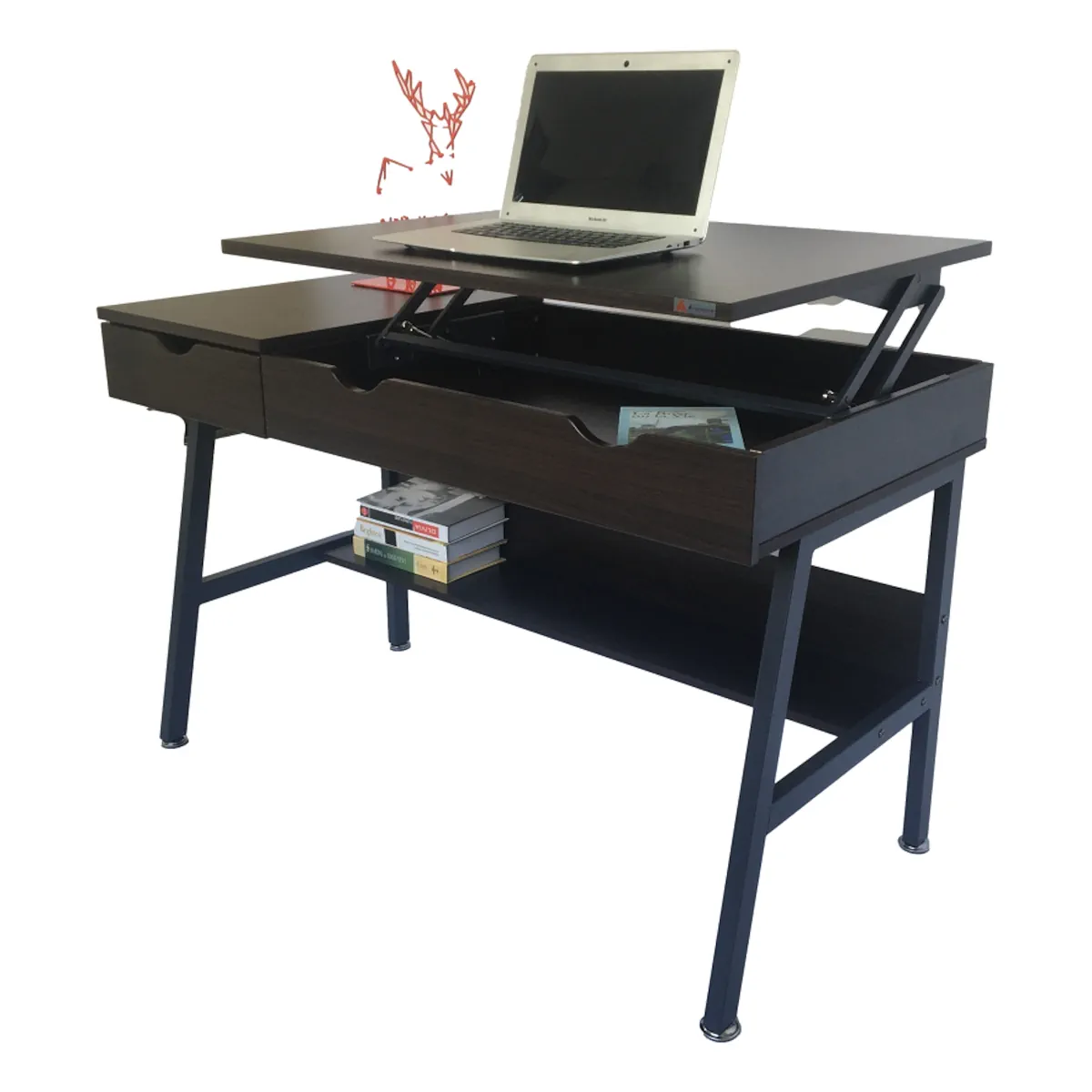 ESCRITORIO NOCTURNO ELEVABLE 97CM COMPARTIMENTO OCULTO 2 CAJONES CAFE OSCURO - 3