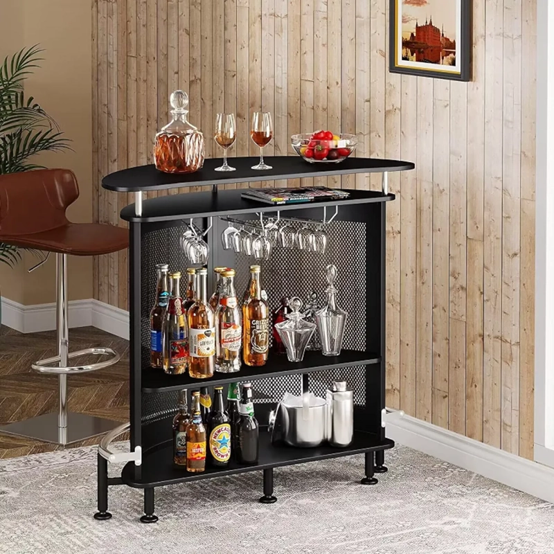 MUEBLE BAR VESPER NEGRO MATE ESTILO INDUSTRIAL, PORTA COPAS Y ALMACENAMIENTO DOBLE NIVEL - 3