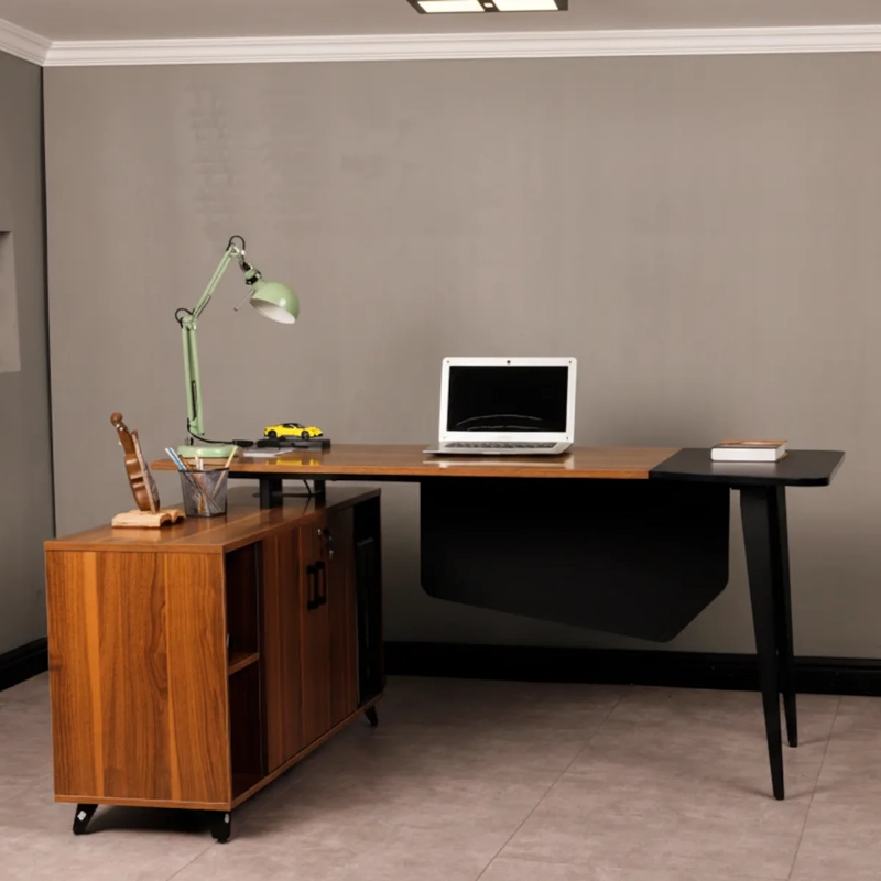 ESCRITORIO EN L BOLERO 160CM CON CERRADURA Y ESTANTERIAS CAFE ROBLE DISEÑO EJECUTIVO REVERSIBLE - 1
