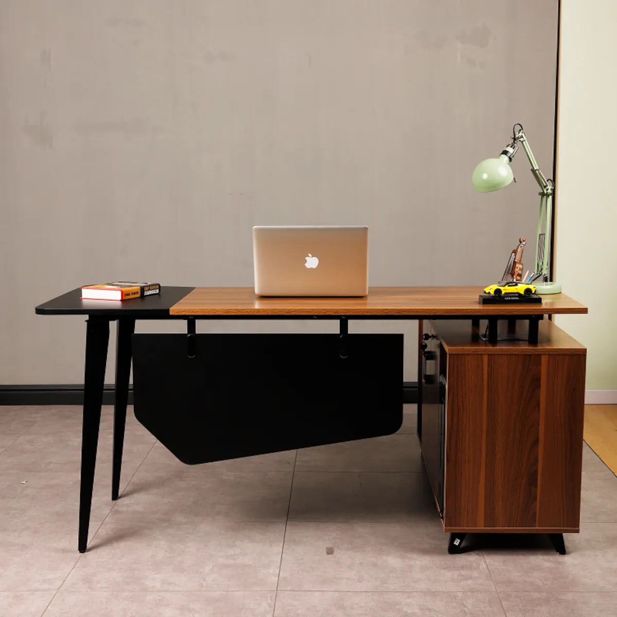 ESCRITORIO EN L BOLERO 160CM CON CERRADURA Y ESTANTERIAS CAFE ROBLE DISEÑO EJECUTIVO REVERSIBLE - 2
