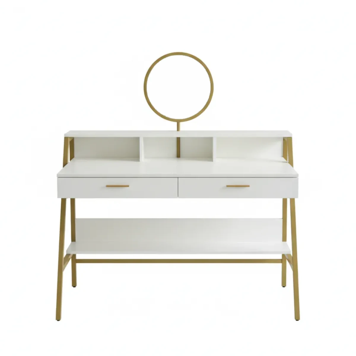 TOCADOR HOLLYWOOD SPARK BLANCO. ESPEJO CIRCULAR, 2 CAJONES Y ESTANTERIAS. ESTRUCTURA DE METAL - 1