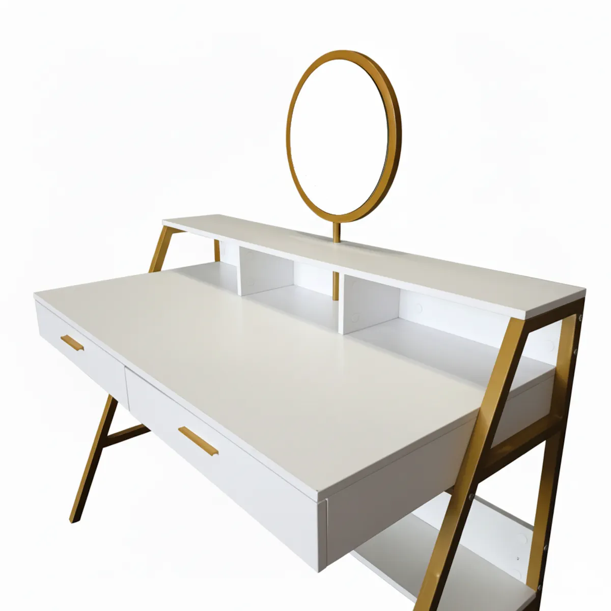 TOCADOR HOLLYWOOD SPARK BLANCO. ESPEJO CIRCULAR, 2 CAJONES Y ESTANTERIAS. ESTRUCTURA DE METAL - 3