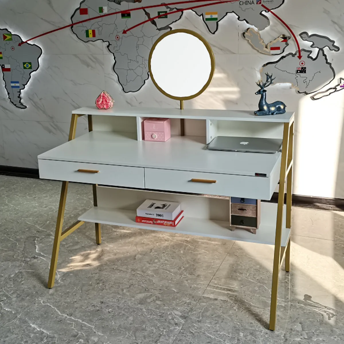 TOCADOR HOLLYWOOD SPARK BLANCO. ESPEJO CIRCULAR, 2 CAJONES Y ESTANTERIAS. ESTRUCTURA DE METAL - 5