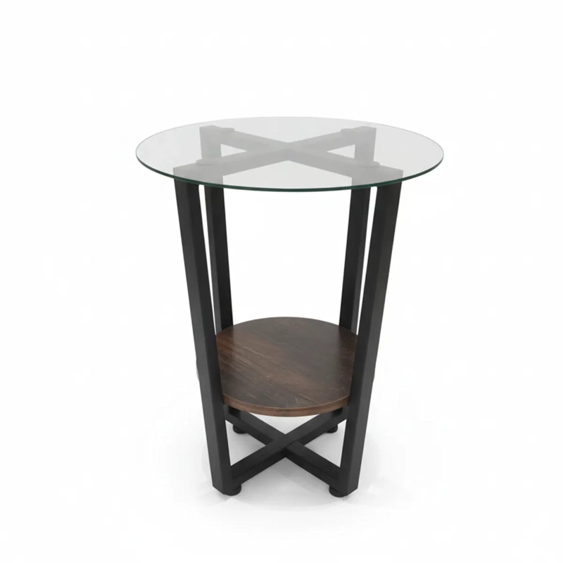 MESA AUXILIAR CHARM CIRCULAR VIDRIO Y MADERA RUSTICA ESTRUCTURA DE METAL - 2