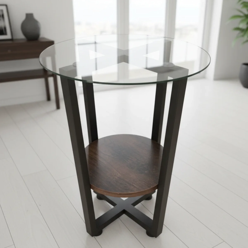 MESA AUXILIAR CHARM CIRCULAR VIDRIO Y MADERA RUSTICA ESTRUCTURA DE METAL - 4
