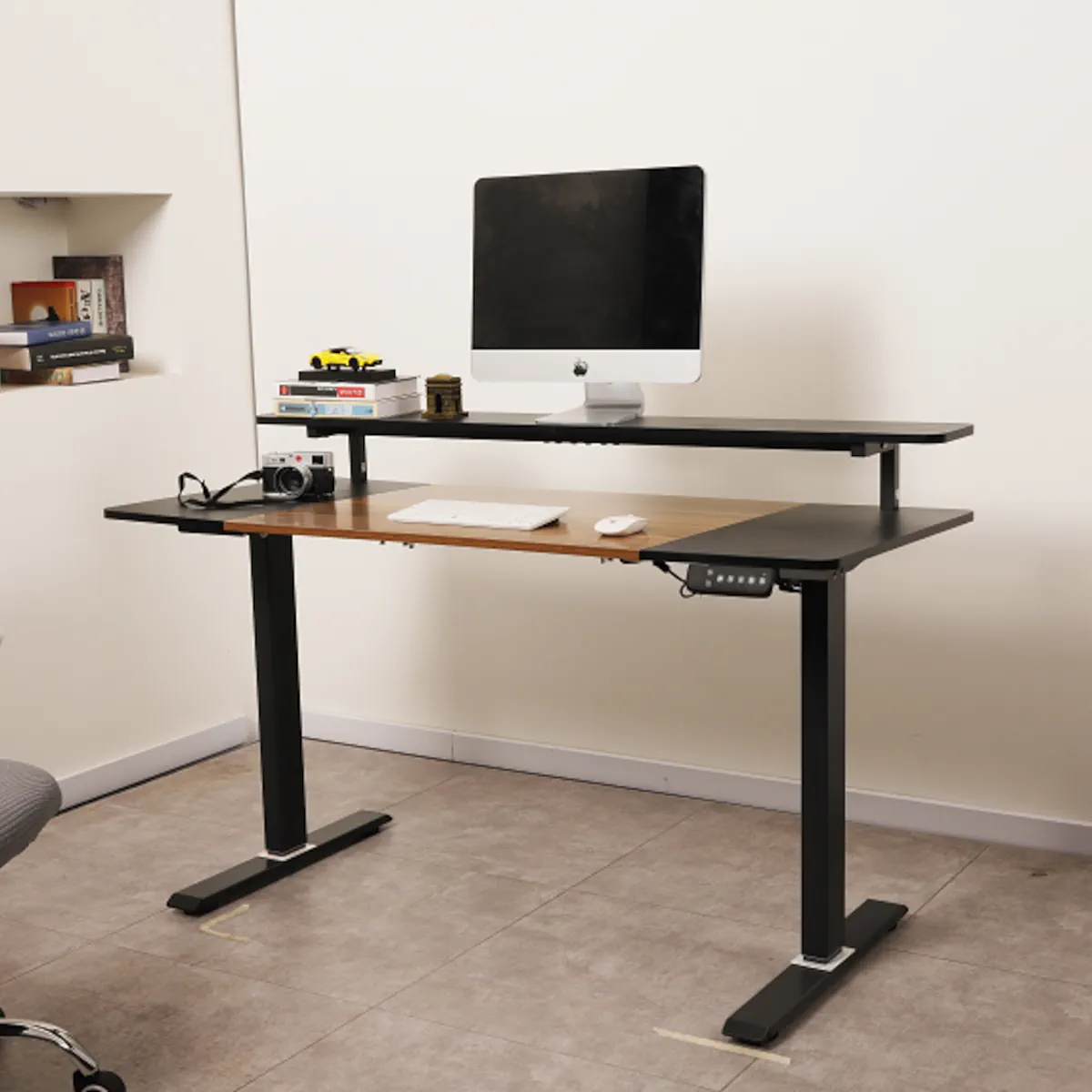 ESCRITORIO ELECTRICO HARMONY RISE 120CM DE ALTURA REGULABLE 72/120CM NOGAL NEGRO MEMORIAS Y REPISA - 3