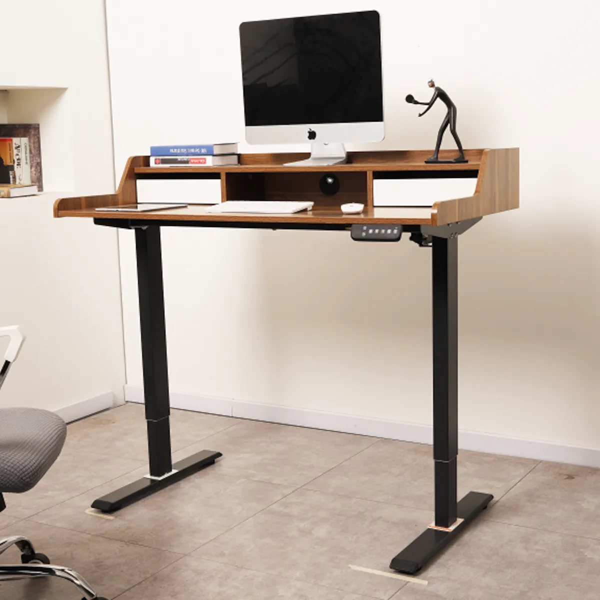 ESCRITORIO ELECTRICO HARMONY PEAK 120CM DE ALTURA REGULABLE NOGAL NEGRO 2 CAJONES MEMORIA Y REPISA - 4