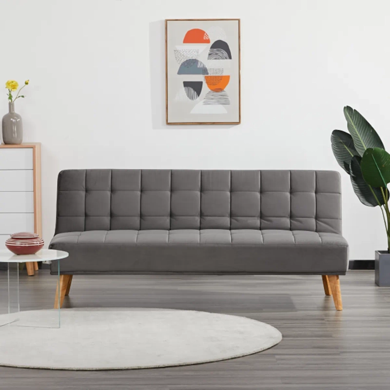 FUTON SOFA CAMA NIKKO TELA GRIS DISEÑO MINIMALISTA PATAS MADERA 165CM - 3