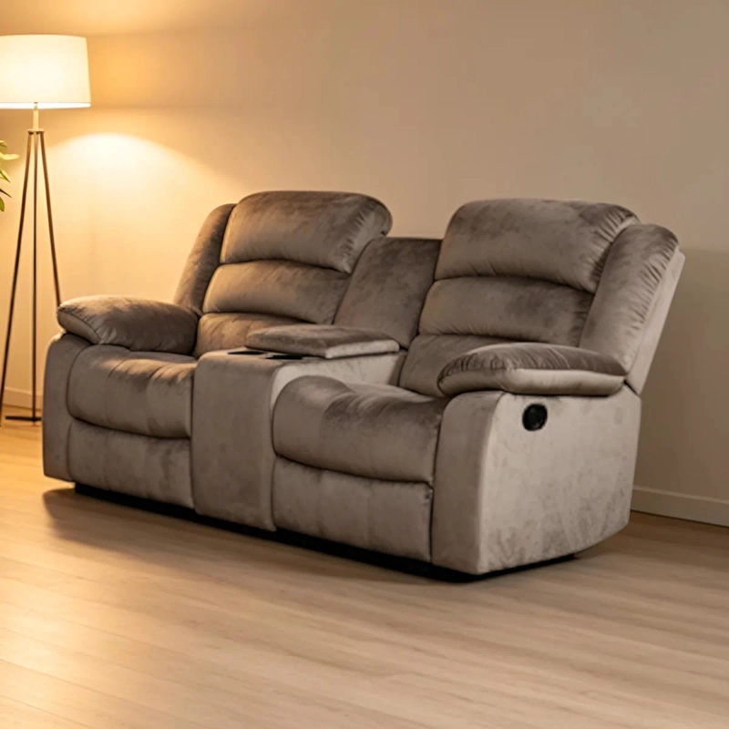 SOFA BERGERE RECLINABLE MUSIL 2 CUERPOS CON CONSOLA Y POSAVASOS CAFE GRISACEO - 6