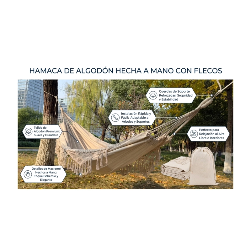 Hamaca con Borlas para Exteriores 150x200cm BEIGE - 5
