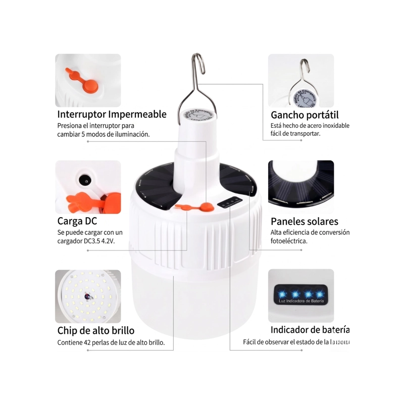 Lámpara Ampolleta Led Solar Recargable Usb Foco - 5