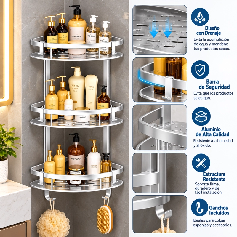 REPISA CLICK VENTAS MURAL ESQUINERO BAÑO DUCHA INOX 3 NIVELES ALUMINIO - 2