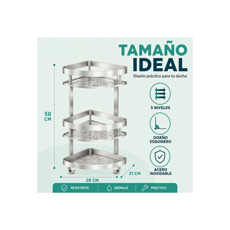 REPISA CLICK VENTAS MURAL ESQUINERO BAÑO DUCHA INOX 3 NIVELES ALUMINIO - 4