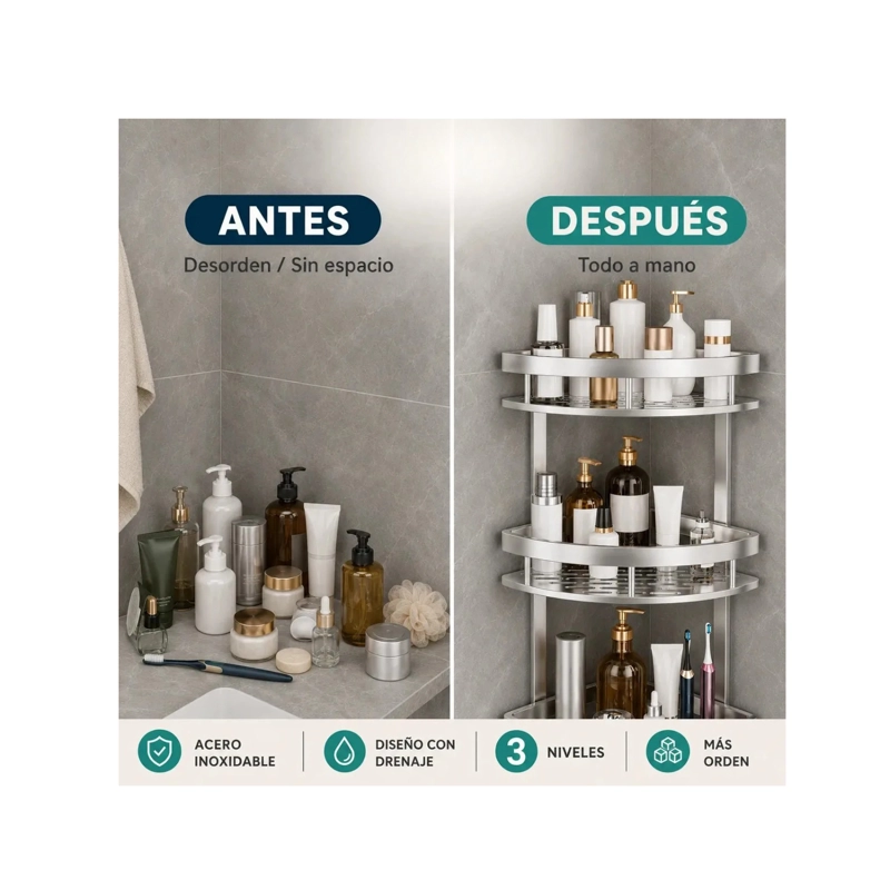 REPISA CLICK VENTAS MURAL ESQUINERO BAÑO DUCHA INOX 3 NIVELES ALUMINIO - 5