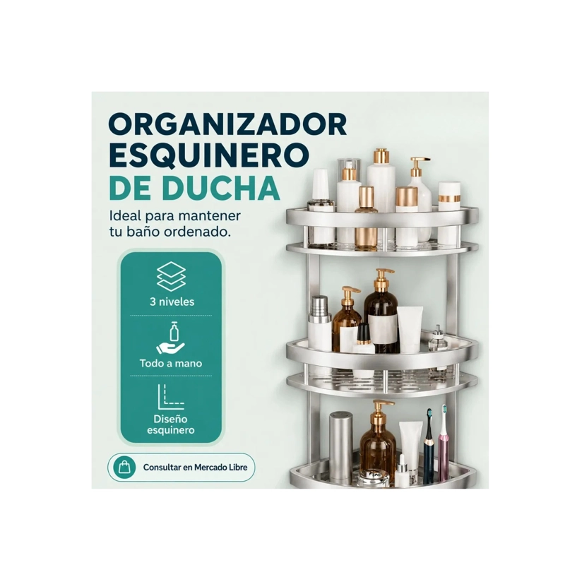 REPISA CLICK VENTAS MURAL ESQUINERO BAÑO DUCHA INOX 3 NIVELES ALUMINIO - 6