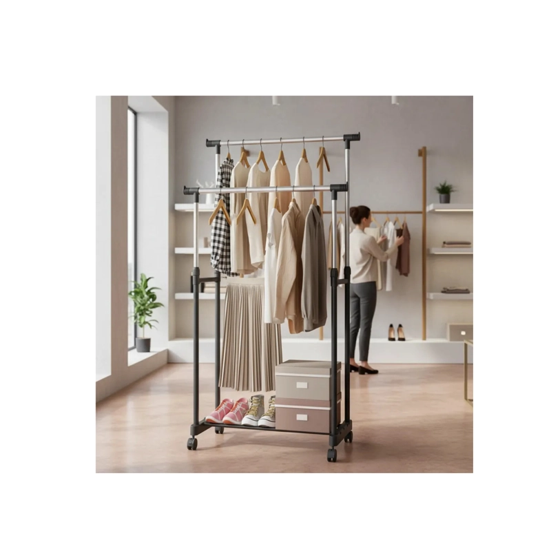 COLGADOR CLICK VENTAS ROPA METÁLICO DOBLE BARRA CON RUEDAS PERCHERO - 2
