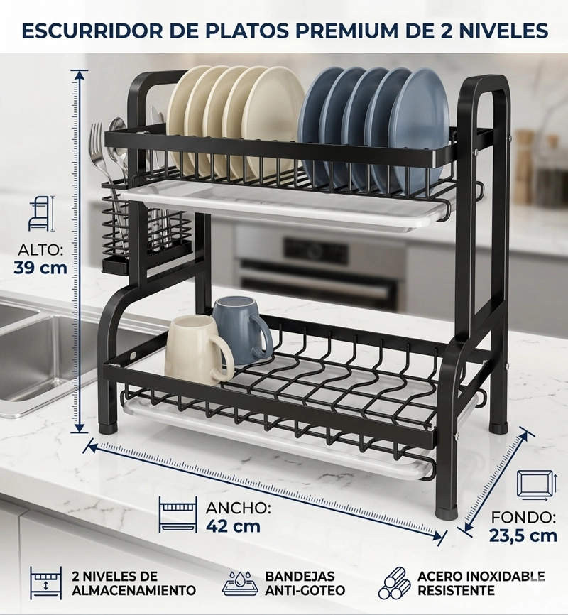 ESCURRIDOR DE PLATOS 2 NIVELES DE METAL ACERO INOXIDABLE - 3