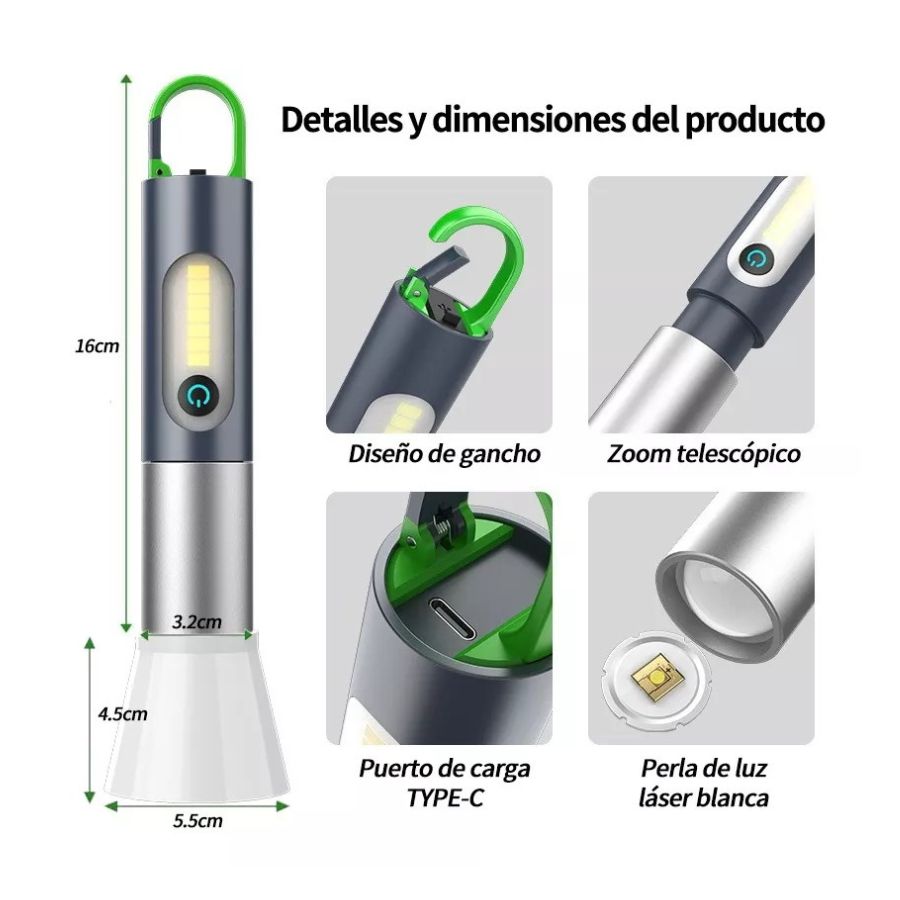 LINTERNA MULTIFUNCIÓN RECARGABLE PARA EXTERIORES LED 800LM - 3