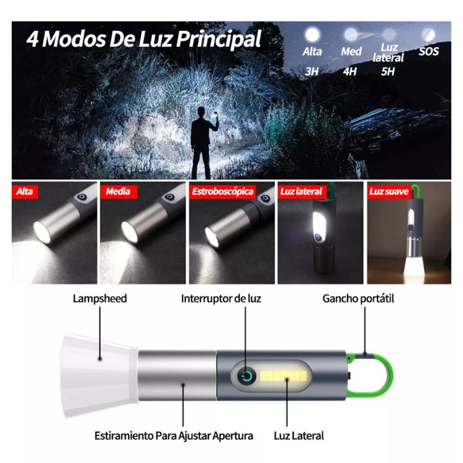 LINTERNA MULTIFUNCIÓN RECARGABLE PARA EXTERIORES LED 800LM - 4