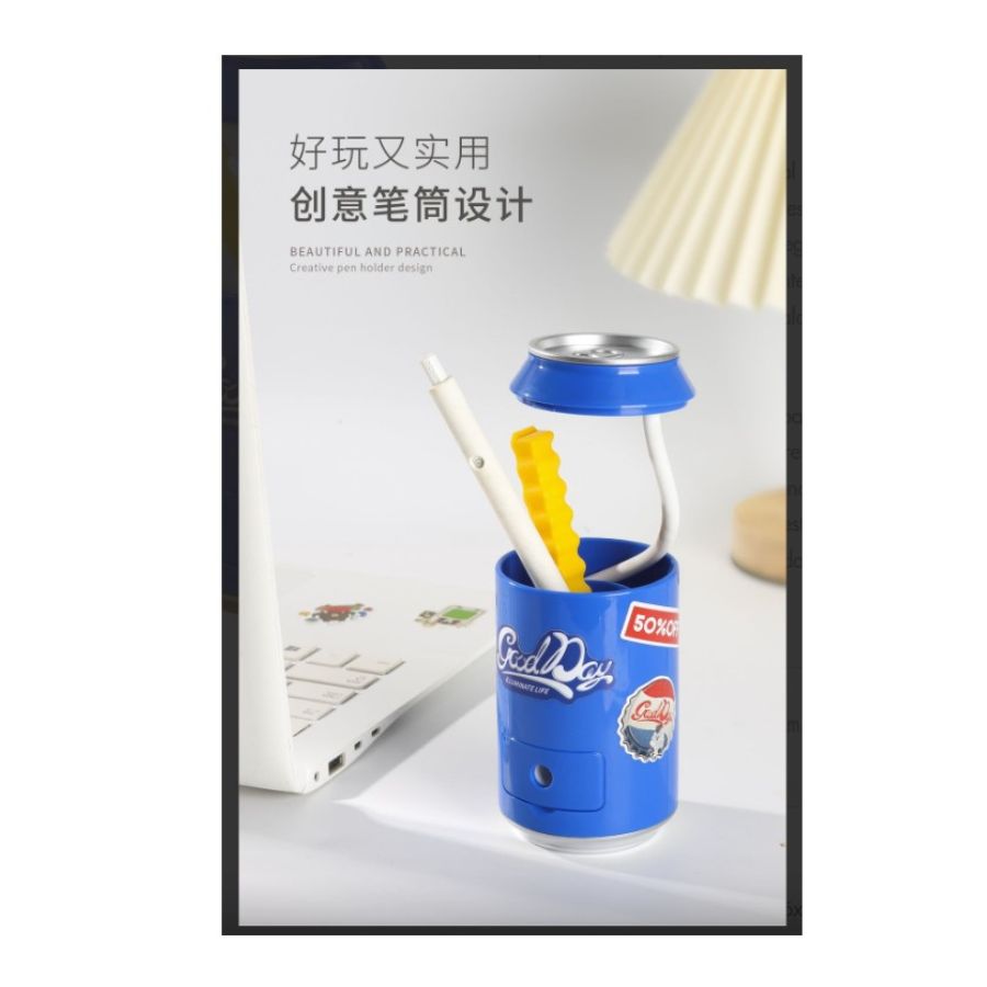 LAMPARA CON FORMA DE LATA DE SODA Y SACAPUNTAS STICKERS USB AZUL - 5