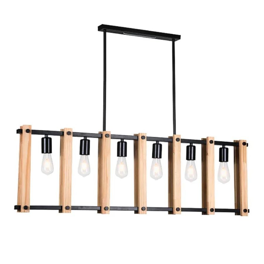 LAMPARA COLGANTE DE MADERA Y METAL 6 AMPOLLETAS DE TECHO - 1