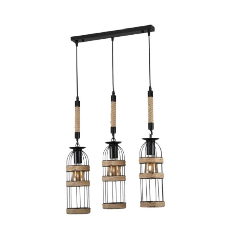 LAMPARA COLGANTE DE MADERA Y METAL TRIPLE TIPO JAULA 3 FOCOS - 1