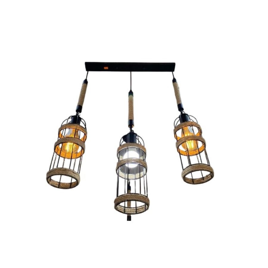 LAMPARA COLGANTE DE MADERA Y METAL TRIPLE TIPO JAULA 3 FOCOS - 2