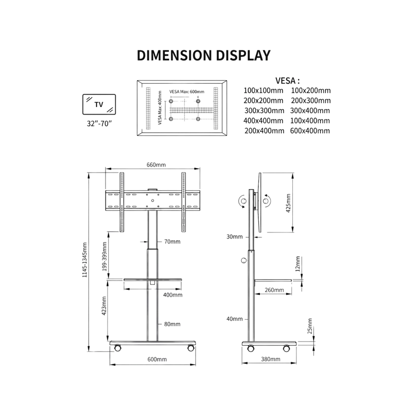 SOPORTE TV RACK MOVIL CON RUEDAS 32 A 75 BASE PEDESTAL STAND - 7