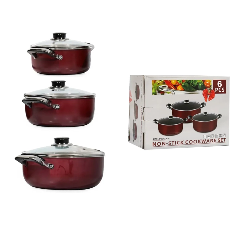 SET OLLAS 6 PIEZAS ANTIADHERENTES ROJO VINO OLLAS TAPA DE VIDRIO - 1