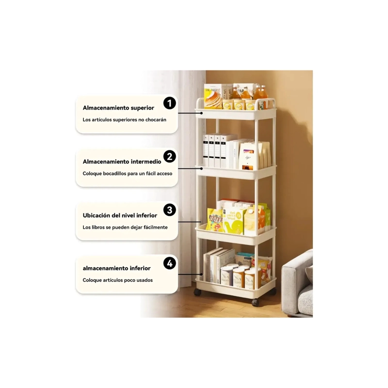Carrito Organizador De Almacenamiento 4 Niveles Con Ruedas - Color Crema - 3