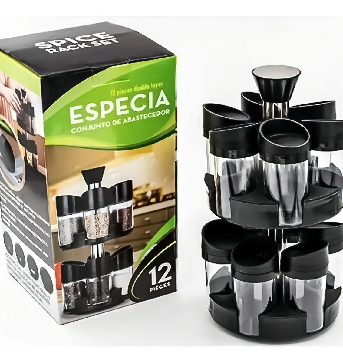 ESPECIERO GIRATORIO 2 NIVELES + SET 12 PIEZAS CONDIMENTEROS NEGRO TC - 1