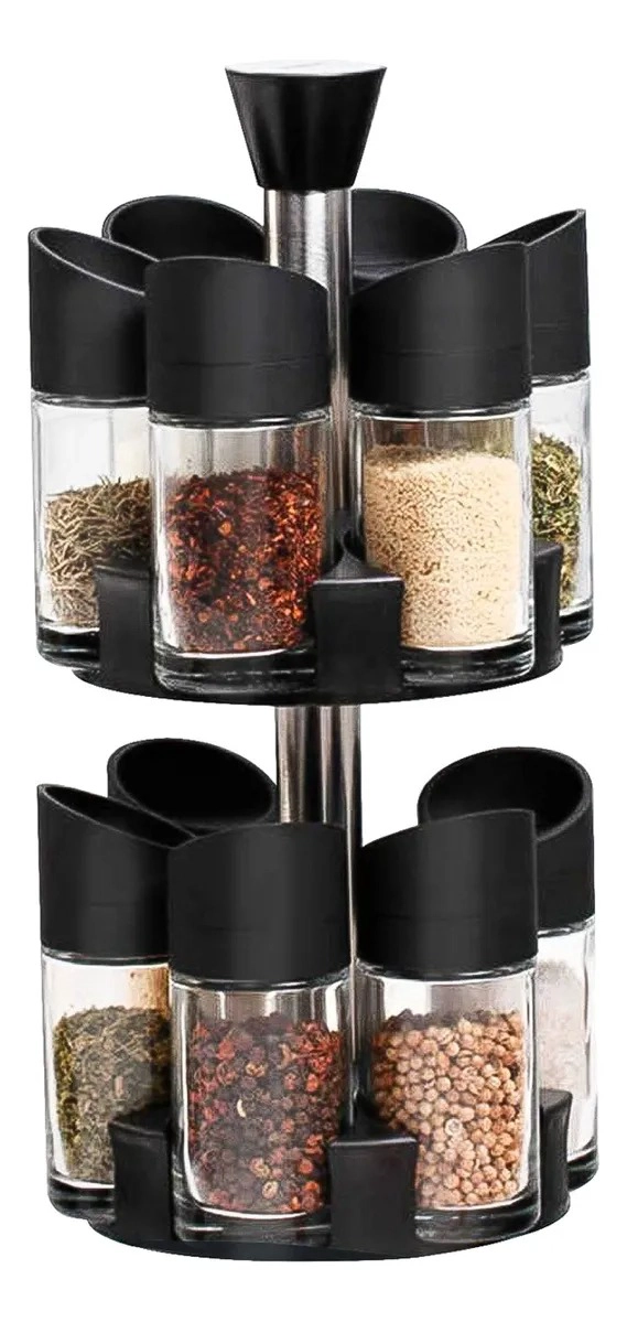 ESPECIERO GIRATORIO 2 NIVELES + SET 12 PIEZAS CONDIMENTEROS NEGRO TC - 2
