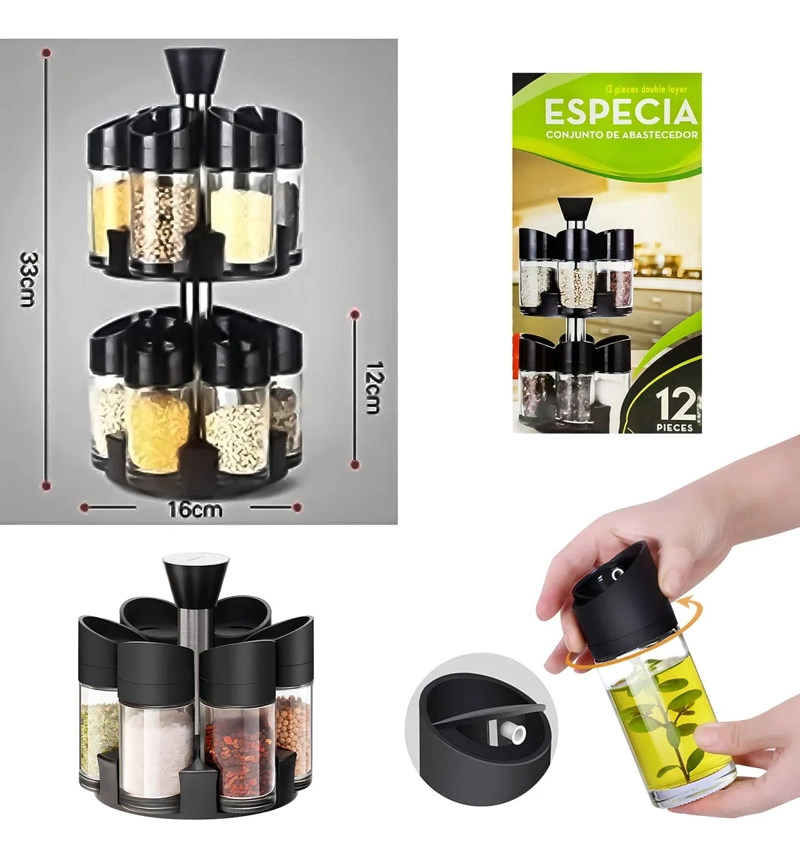 ESPECIERO GIRATORIO 2 NIVELES + SET 12 PIEZAS CONDIMENTEROS NEGRO TC - 5