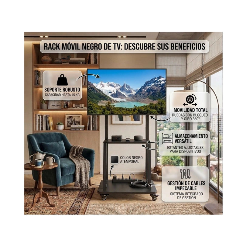SOPORTE TV RACK MOVIL CON RUEDAS 32 A 75 PULGADA NEGRO 1700S - 6