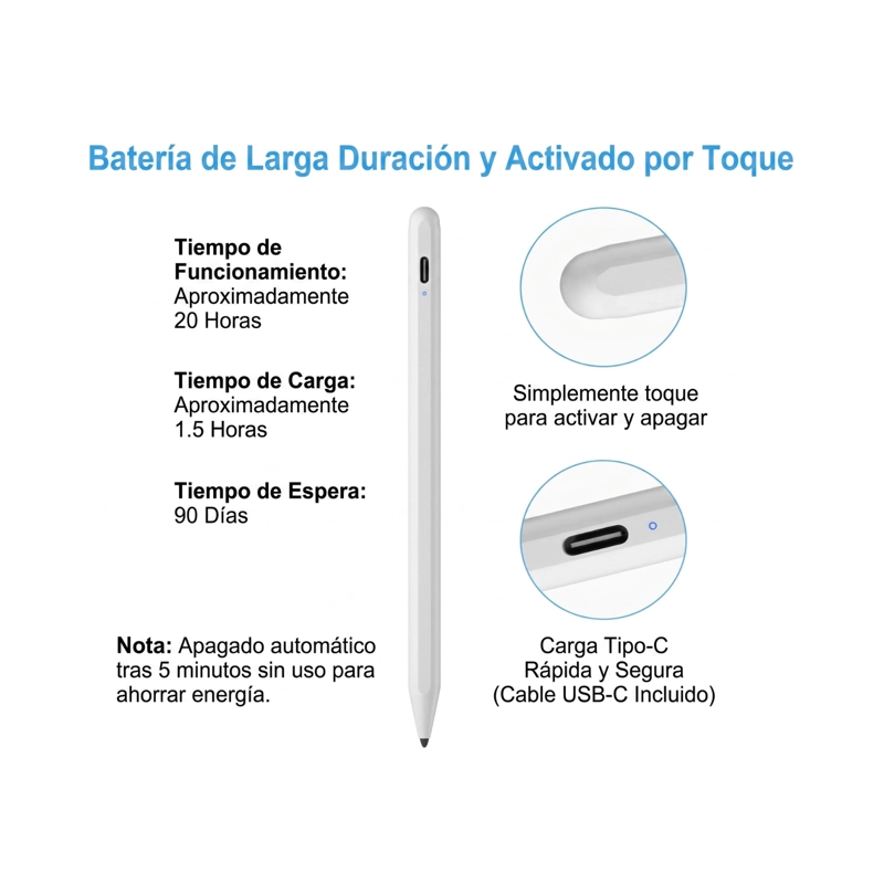 LAPIZ STYLUS PEN ACTIVO UNIVERSAL - PUNTA FINA 1.2MM CON RECHAZO DE PALMA Y CARGA USB-C - 5