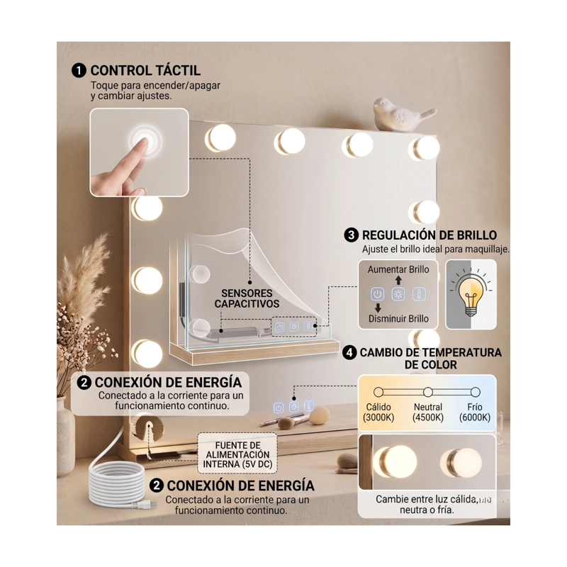 ESPEJO RECTANGULAR LED TIPO HOLLYWOOD 13 BOMBILLAS 3 COLORES - PLATEADO - 3
