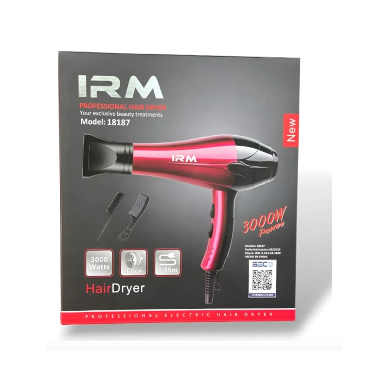 SECADOR DE CABELLO PROFESIONAL 3000W IRM 3 ACCESORIOS COLOR ROJO Y NEGRO - 1