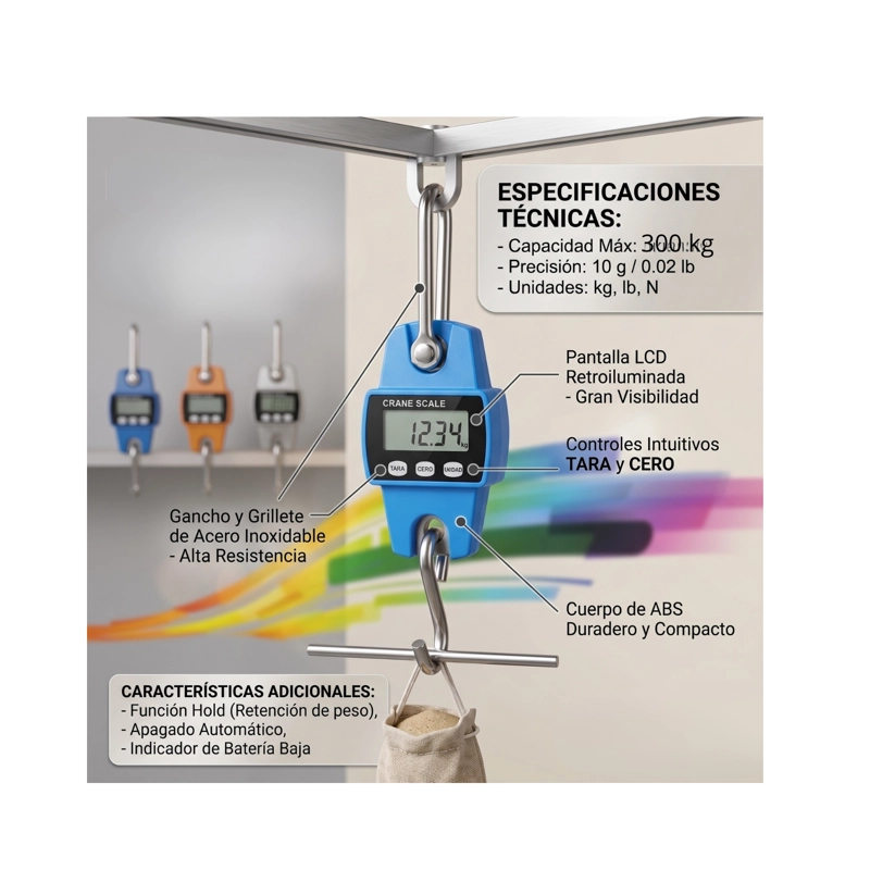 PESA BALANZA DIGITAL COLGANTE ROMANA DE GANCHO PORTATIL 300 KG - 4