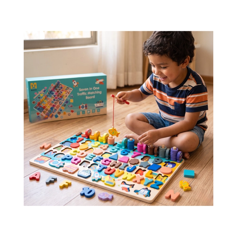 TABLERO DIDACTICO MONTESSORI 7 EN 1 MADERA NUMEROS LETRAS Y PESCA - 3